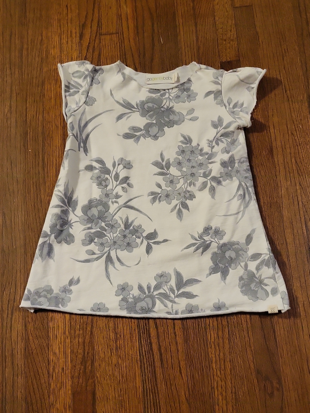 Floral Organic Flutter Sleeve Tunic Dress - White with Gray Print